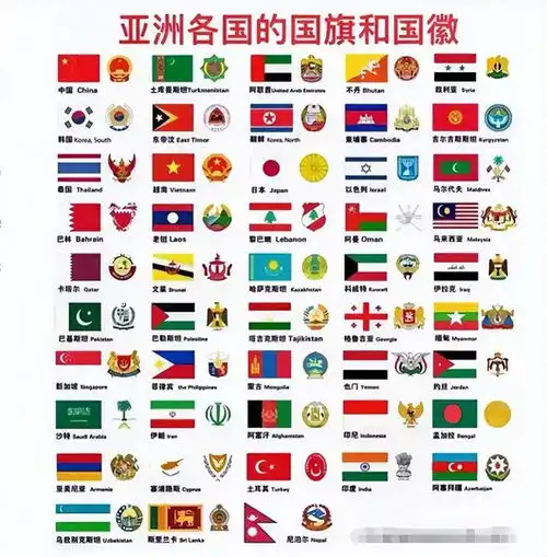 亚洲各国国旗一览,韩国国旗亮眼
