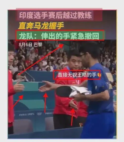 印度选手略过王皓跟马龙握手,马龙高情商应对,樊振东奶凶奶凶的
